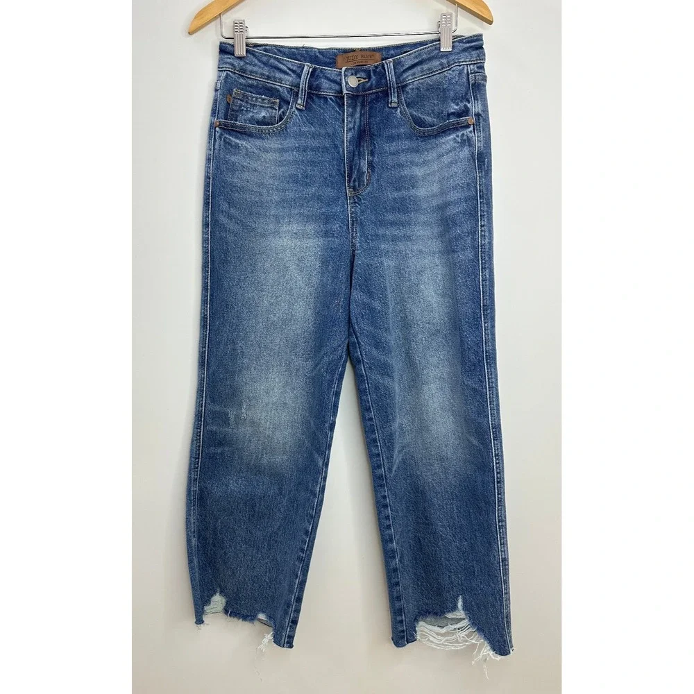 Judy Blue Wide Leg High Waist Rigid Magic Destroy Hem Crop Denim Jeans 7 / 28 - Picture 2 of 16